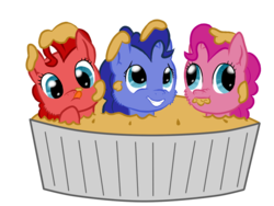 Size: 858x644 | Tagged: safe, artist:peaches-n-charlotte, oc, oc only, oc:blueberry pie, oc:cherry pie, oc:raspberry pie, cute, food, offspring, parent:cheese sandwich, parent:pinkie pie, parents:cheesepie, pie, tri pie triplets