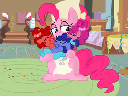 Size: 1024x768 | Tagged: safe, artist:fluttershyfilly-yay, pinkie pie, oc, oc:blueberry pie, oc:cherry pie, oc:raspberry pie, pony, g4, apron, baby, baby pony, clothes, cute, mama pinkie, offspring, parent:cheese sandwich, parent:pinkie pie, parents:cheesepie, sugarcube corner, tired, tri pie triplets, triplets