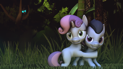 Size: 3840x2160 | Tagged: safe, artist:viranimation, rumble, sweetie belle, changeling, g4, 3d, colt, dark, determined look, duo, duo focus, duo male and female, female, filly, foal, grass, grin, high res, hug, jungle, male, scared, ship:rumbelle, shipping, smiling, source filmmaker, straight, tree