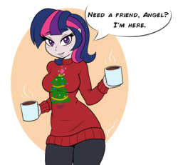 Size: 907x838 | Tagged: safe, artist:ambris, twilight sparkle, human, g4, abstract background, blushing, christmas sweater, clothes, colored pupils, curvy, dialogue, female, hourglass figure, humanized, looking at you, mug, solo, speech bubble, steam, sweater, talking to viewer, thighlight sparkle, thunder thighs