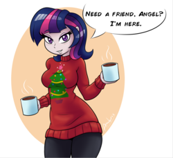 Size: 914x838 | Tagged: safe, artist:ambris, twilight sparkle, human, g4, abstract background, blushing, christmas sweater, clothes, colored pupils, curvy, dialogue, female, hourglass figure, humanized, looking at you, mug, smiling, solo, speech bubble, steam, sweater, talking to viewer, thighlight sparkle, thunder thighs