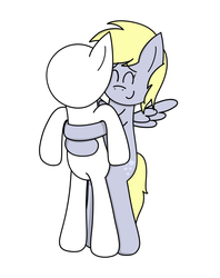 Size: 855x1080 | Tagged: safe, derpy hooves, oc, pony, g4, bipedal, commission, eyes closed, hug, simple background, smiling, spread wings, white background, your character here