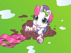 Size: 640x480 | Tagged: safe, screencap, sweetie belle (g3), pony, g3, g3.5, newborn cuties, once upon a my little pony time, over two rainbows, :3, clothes, cute, diaper, female, looking up, mud, muddy, out of context, scarf, smiling, solo