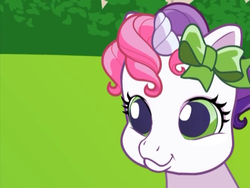 Size: 640x480 | Tagged: safe, screencap, sweetie belle (g3), pony, g3, g3.5, newborn cuties, once upon a my little pony time, over two rainbows, baby, baby pony, bow, cute, female, g3.75, hair bow, remake, remastered, smiling, solo
