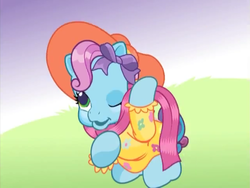 Size: 640x480 | Tagged: safe, screencap, rainbow dash (g3), pony, g3, g3.5, newborn cuties, once upon a my little pony time, over two rainbows, clothes, female, g3.75, mare, one eye closed, rainbow dash always dresses in style, scarf, smiling, solo, wink