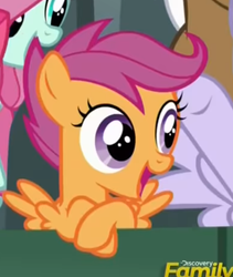 Size: 413x489 | Tagged: safe, screencap, scootaloo, pegasus, pony, g4, the fault in our cutie marks, cropped, cute, cutealoo, discovery family logo, female, filly, open mouth, spread wings, wings