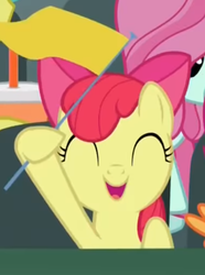 Size: 407x547 | Tagged: safe, screencap, apple bloom, earth pony, pony, g4, the fault in our cutie marks, adorabloom, bow, cropped, cute, female, filly, flag, hair bow, open mouth, raised hoof, smiling