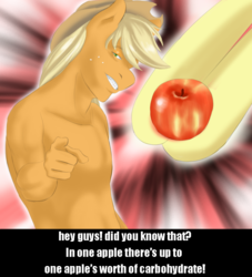 Size: 1000x1100 | Tagged: safe, artist:wookylee, apple bloom, applejack, earth pony, anthro, g4, apple, captain obvious, food, jojo's bizarre adventure, parody, text