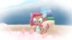 Size: 758x427 | Tagged: dead source, safe, artist:chiptunebrony, idw, mina, dragon, g4, my little pony: friends forever, anime, blurry, bouquet, cherry blossoms, claws, cute, daisy (flower), dragoness, fake screencap, fangs, female, flashback, flower, gateway, horns, kneeling, minabetes, mountain, open mouth, path, picking, rose, scenery, smiling, solo