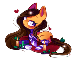 Size: 1000x803 | Tagged: safe, artist:ipun, oc, oc only, earth pony, pony, candle, clothes, cup, female, heart eyes, holly, mare, present, prone, simple background, socks, solo, striped socks, transparent background, wingding eyes