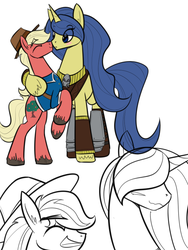 Size: 600x800 | Tagged: safe, artist:casualcolt, oc, oc only, oc:river song, oc:scifresh, ask the amazon mares, amazon, amazonian, armor, blushing, cute, eyes closed, hat, kissing, oc x oc, scythian, shipping, size difference