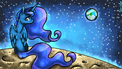 Size: 816x460 | Tagged: safe, artist:twixyamber, princess luna, pony, g4, earth, female, moon, sitting, solo, space, stars