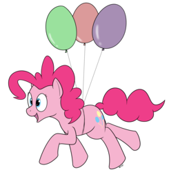 Size: 1894x1933 | Tagged: safe, artist:rapidstrike, pinkie pie, earth pony, pony, g4, balloon, female, floating, open mouth, simple background, smiling, solo, then watch her balloons lift her up to the sky, transparent background