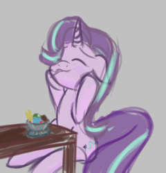 Size: 804x838 | Tagged: artist needed, safe, starlight glimmer, pony, unicorn, g4, bowl, cute, eyes closed, female, floppy ears, food, glimmerbetes, gray background, ice cream, mare, simple background, sitting, sketch, smiling, solo, spoon, table