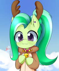 Size: 790x958 | Tagged: safe, artist:opossum_imoto, oc, oc only, oc:paige turner, deer, pony, reindeer, unicorn, bell, bell collar, bells, christmas, clothes, collar, costume, cute, ear piercing, ocbetes, piercing, snow, solo