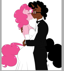 Size: 779x864 | Tagged: safe, artist:pia-sama, pinkie pie, oc, oc:cinnamon sun, earth pony, unicorn, anthro, g4, anthro oc, blushing, bowtie, canon x oc, clothes, dress, eyes closed, glasses, horn, hug, kissing, male, pinkamon, shipping, straight, watch, wedding dress, wristwatch