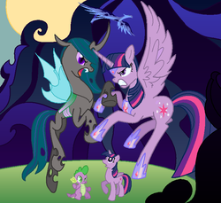 Size: 711x652 | Tagged: safe, artist:votederpycausemufins, spike, twilight sparkle, oc, oc:queen cicada, alicorn, changeling, changeling queen, dragon, night phoenix, phoenix, pony, fanfic:a change of pace, g4, changeling oc, changeling queen oc, fanfic, fanfic art, fanfic cover, female, fight, flying, hoof shoes, self ponidox, twilight sparkle (alicorn), tyrant sparkle