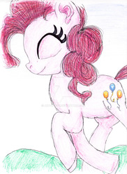 Size: 1024x1406 | Tagged: safe, artist:artfrog75, pinkie pie, earth pony, pony, g4, eyes closed, female, solo, traditional art, watermark