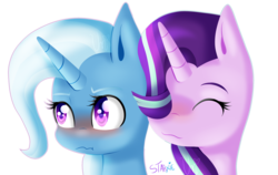 Size: 2183x1384 | Tagged: safe, artist:ladyunilove, starlight glimmer, trixie, pony, unicorn, g4, :3, :t, blushing, eyes closed, female, hair over one eye, lesbian, looking away, mare, nuzzling, scrunchy face, ship:startrix, shipping, simple background, smiling, transparent background, tsundere