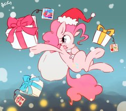 Size: 2289x2028 | Tagged: safe, artist:akainu_pony, pinkie pie, earth pony, pony, g4, female, gift giving, hat, high res, looking back, open mouth, present, sack, santa hat, santa sack, smiling, snow, snowfall, solo, underhoof