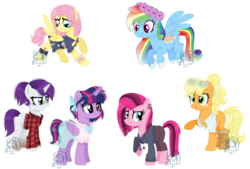 Size: 1024x693 | Tagged: safe, artist:saramanda101, artist:selenaede, applejack, fluttershy, pinkie pie, rainbow dash, rarity, twilight sparkle, alicorn, earth pony, pegasus, pony, unicorn, g4, alternate design, alternate hairstyle, alternate universe, bandage, bandaid, base used, boots, bow, clothes, dress, ear piercing, earring, flannel, floral head wreath, flower, freckles, girly, girly girl, goth, gun, hair bow, hoodie, jacket, jewelry, knife, mane six, open mouth, pants, piercing, pinkamena diane pie, pinkie pie is not amused, ponytail, punk, rainbow dash always dresses in style, saddle, shoes, simple background, skirt, sunglasses, tack, tomboy, tomboy rarity, transparent background, twilight sparkle (alicorn), unamused, weapon