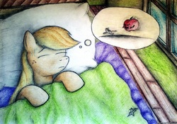 Size: 2827x1982 | Tagged: safe, artist:ponystarpony, applejack, pony, g4, apple, bed, female, food, hatless, missing accessory, nightmare, running, sleeping, solo, sweat, thought bubble, traditional art, window