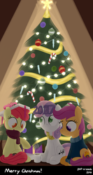 Size: 1440x2700 | Tagged: safe, artist:dtcx97, apple bloom, scootaloo, sweetie belle, earth pony, pegasus, pony, unicorn, 2017, alternate cutie mark, christmas tree, clothes, cutie mark crusaders, female, filly, foal, hooves, horn, older, scarf, sweater, tree, wings