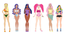 Size: 12816x6816 | Tagged: safe, artist:the-devil-butterfly, applejack, fluttershy, pinkie pie, rainbow dash, rarity, twilight sparkle, human, g4, absurd resolution, belly button, bikini, breasts, busty applejack, busty fluttershy, busty pinkie pie, busty rainbow dash, busty rarity, busty twilight sparkle, cleavage, clothes, curvy, dark skin, empty eyes, female, hourglass figure, humanized, jewelry, mane six, midriff, necklace, no catchlights, one-piece swimsuit, see-through, simple background, swimsuit, white background