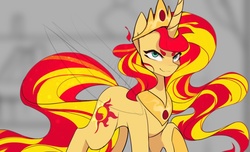 Size: 1024x624 | Tagged: safe, artist:novabytes, sunset shimmer, pony, g4, crown, female, jewelry, looking at you, regalia, smiling, solo, wip