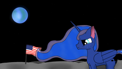Size: 1920x1080 | Tagged: safe, artist:steamyart, princess luna, alicorn, pony, g4, american flag, crying, earth, female, flag, floppy ears, frown, lidded eyes, looking down, mare, moon, nose wrinkle, on the moon, planet, sad, solo, space, stars