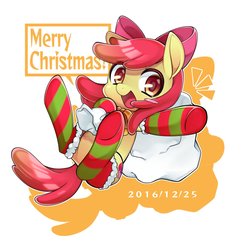 Size: 1991x2048 | Tagged: safe, artist:katuhira_rinmi, apple bloom, earth pony, pony, g4, adorabloom, christmas, clothes, cute, female, filly, foal, sack, santa sack, simple background, socks, solo, striped socks, white background