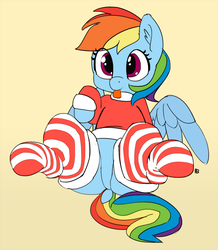 Size: 1280x1465 | Tagged: safe, artist:pabbley, color edit, edit, rainbow dash, pegasus, pony, g4, clothes, colored, cute, dashabetes, dock, featureless crotch, female, on back, simple background, socks, solo, striped socks, sweater, thigh highs, tongue out