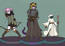 Size: 1476x1039 | Tagged: safe, artist:linedraweer, oc, oc only, oc:paltrin, oc:sweet cheeks, oc:titch, changeling, dragon, anthro, plantigrade anthro, anthro oc, archery, armor, arrow, axe, changeling oc, cleric, commission, dagger, hood, mage, ranger, sword, weapon