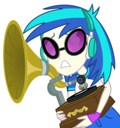 Size: 3656x3900 | Tagged: safe, artist:sketchmcreations, dj pon-3, vinyl scratch, equestria girls, g4, my little pony equestria girls: legend of everfree, clothes, concerned, cradling, female, fingerless gloves, gloves, gritted teeth, headphones, high res, phonograph, shorts, simple background, solo, sunglasses, transparent background, vector