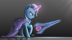 Size: 2200x1238 | Tagged: safe, artist:duskie-06, trixie, pony, unicorn, g4, chest fluff, clothes, crossover, energy sword, female, fluffy, frown, glare, glowing horn, gradient background, gritted teeth, halo (series), horn, levitation, magic, mare, raised hoof, reflection, signature, solo, sword, telekinesis, torn clothes, trixie's cape, weapon