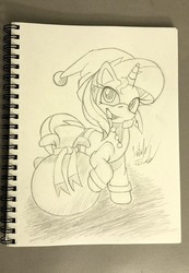 Size: 831x1200 | Tagged: safe, artist:fuzon-s, sunset shimmer, pony, g4, christmas, clothes, costume, female, grayscale, happy, hat, looking up, monochrome, raised hoof, sack, santa costume, santa hat, santa sack, sketch, solo, style emulation, traditional art, yuji uekawa style