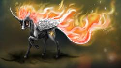 Size: 1280x720 | Tagged: safe, artist:black-opal1, nightmare star, princess celestia, pony, g4, curved horn, female, horn, mane of fire, raised hoof, solo