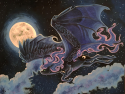 Size: 1100x826 | Tagged: safe, artist:chasingthesilverstag, princess luna, alicorn, pony, g4, cloud, curved horn, female, flying, full moon, glowing eyes, horn, hybrid wings, mare, moon, night, solo, traditional art