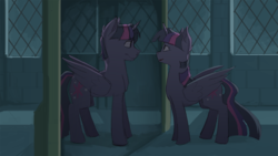 Size: 1024x576 | Tagged: safe, artist:bypenandhoof, twilight sparkle, alicorn, pony, g4, dusk shine, female, male, mare, mirror, night, prince dusk, reflection, rule 63, stallion, twilight sparkle (alicorn)