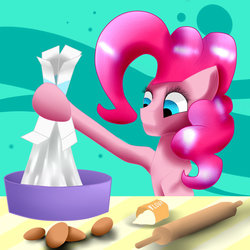 Size: 1024x1024 | Tagged: safe, artist:scalestroke315, pinkie pie, earth pony, pony, g4, baking, bowl, egg (food), female, flour, food, mixing bowl, rolling pin, solo