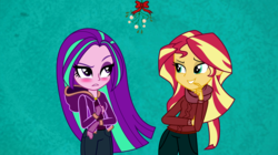 Size: 1531x859 | Tagged: safe, artist:lyricgemva, aria blaze, sunset shimmer, equestria girls, g4, blushing, clothes, female, grin, lesbian, mistletoe, pants, request, ship:sunblaze, shipping, smiling