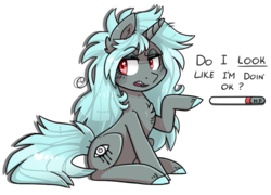 Size: 1024x737 | Tagged: safe, artist:kyaokay, oc, oc only, oc:scaevitas, pony, unicorn, colored hooves, health bars, simple background, solo, speech, text, transparent background