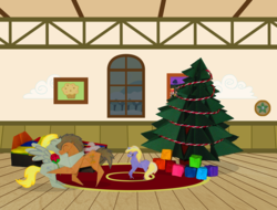 Size: 4751x3620 | Tagged: safe, artist:malte279, derpy hooves, dinky hooves, doctor whooves, time turner, earth pony, pegasus, pony, unicorn, g4, absurd resolution, christmas tree, hearth's warming, hearth's warming eve, hug, origami, tree