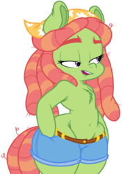 Size: 3546x5000 | Tagged: safe, artist:kooner-cz, artist:purple-yoshi-draws, tree hugger, earth pony, pony, semi-anthro, g4, absurd resolution, bedroom eyes, belly button, bipedal, chest fluff, clothes, female, hooves on hips, mare, open mouth, shorts, simple background, solo, transparent background, vector, wide hips