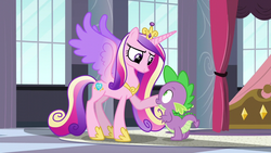 Size: 1280x720 | Tagged: safe, screencap, princess cadance, spike, alicorn, dragon, pony, g4, princess spike, colored wings, concave belly, crown, duo, female, gradient wings, hoof shoes, jewelry, male, mare, raised hoof, regalia, slender, spread wings, thin, wings