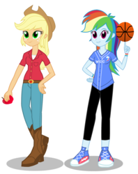 Size: 1478x1862 | Tagged: dead source, safe, artist:drewmwhit, applejack, rainbow dash, equestria girls, g4, basketball, clothes, college, duo, pants, simple background, transparent background, university