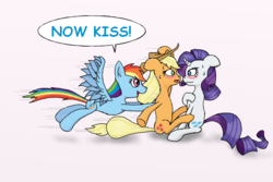 Size: 1200x800 | Tagged: safe, artist:eulicious, applejack, rainbow dash, rarity, g4, blushing, eye contact, female, floppy ears, lesbian, looking at each other, now kiss, rainbow the shipper, ship:rarijack, shipper on deck, shipping, simple background, sweat