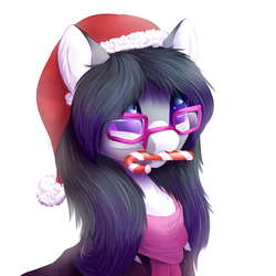 Size: 1024x1024 | Tagged: safe, artist:peachmayflower, oc, oc only, pony, candy, candy cane, clothes, commission, cute, food, glasses, hat, ocbetes, santa hat, scarf, simple background, solo, white background