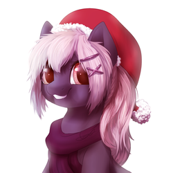 Size: 1024x1024 | Tagged: safe, artist:peachmayflower, oc, oc only, pony, cute, hairpin, hat, looking at you, ocbetes, santa hat, smiling, solo
