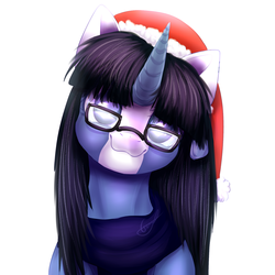Size: 1024x1024 | Tagged: safe, artist:peachmayflower, oc, oc only, pony, unicorn, clothes, commission, cute, hat, looking at you, ocbetes, santa hat, scarf, simple background, smiling, solo, white background